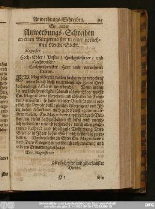Ein ander Anwerbungs-Schreiben an einen Bürgermeister in einer vornehmen Reichs-Stadt.