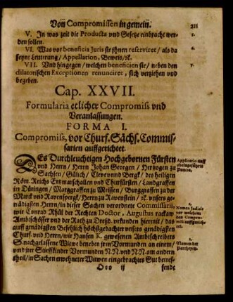 Cap. XXVII. Formularia etlicher Compromiss und Veranlassungen.