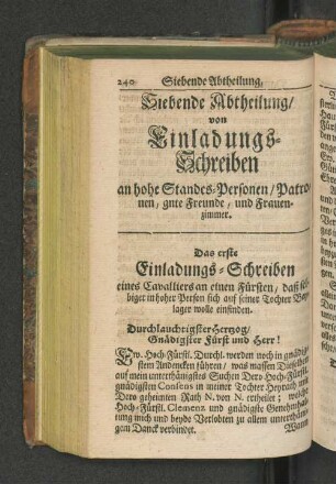 Siebende Abtheilung/ von Einlagungs-Schreiben an hohe Standes-Personen / Patronen, gute Freunde / und Frauenzimmer.
