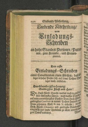 Siebende Abtheilung/ von Einlagungs-Schreiben an hohe Standes-Personen / Patronen, gute Freunde / und Frauenzimmer.