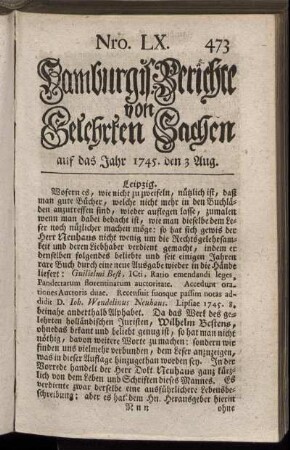 Nro. LX. auf das Jahr 1745. den 3 Aug. - Nro. LXVIII. auf das Jahr 1745. den 31 Aug.