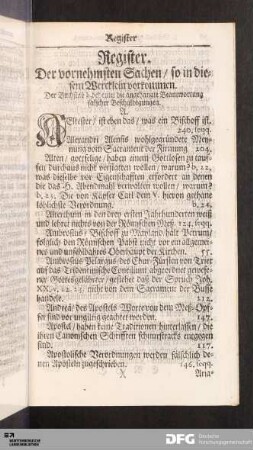 Register. Der vornehmsten Sachen / so in diesem Wercklein vorkommen.