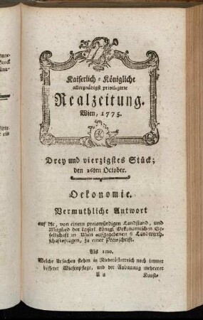Drey und vierzigstes Stück; den 26ten October. Wien, 1775.