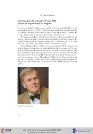 Verleihung des Karl-Jaspers-Preises 2019 an den Sinologen Rudolf G. Wagner