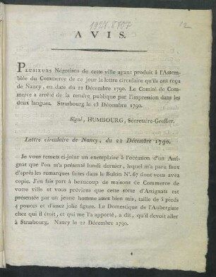 Avis : Plusieurs Négotians de cette ville ayant produit ... la lettre circulaire qu'ils ont rec̜u de Nancy ... Strasbourg le 23 Décembre 1790.
