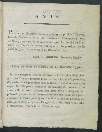 Avis : Plusieurs Négotians de cette ville ayant produit ... la lettre circulaire qu'ils ont rec̜u de Nancy ... Strasbourg le 23 Décembre 1790.