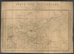 Karte von Deutschland zur Übersicht der Eisenbahnen einschliesslich der projectirten Linien, der Gewässer und hauptsächlisten Strassen : Nördliche Hälfte