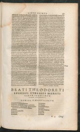 Beati Theodoreti Episcopi Cyrensis Haereticarum Fabularum Liber Secundus.