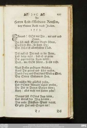 An Herrn Leib-Medicus Reussen, bey Seiner Reise nach Italien. 1753.