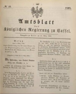 № 11. Ausgegeben zu Cassel am 25. März 1868.