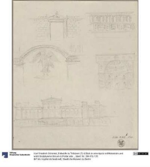 Entwürfe zu Tribünen (?) & Blick in eine Apsis mit Malereien und wohl Skulpturenschmuck & Portal oder Fenster mit Giebelverdachung & Fassade oder Wandaufriss & Engel unter einem Segmentbogen