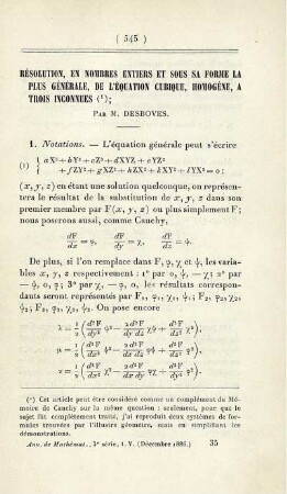 Résolution, en nombres entiers et sous sa forme la plus générale, de l'équation cubique, homogène, a trois inconnues.