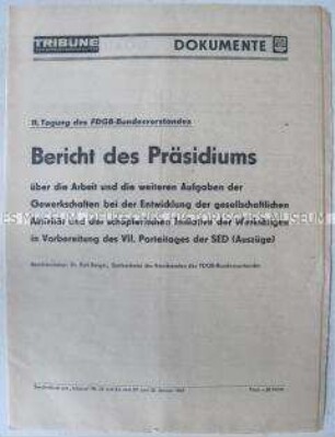 Sonderdruck der Tageszeitung "Tribüne" zur 11. Tagung des FDGB-Bundesvorstandes