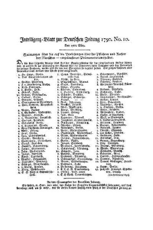 Intelligenz-Blatt zur Deutschen Zeitung 1790. No. 10