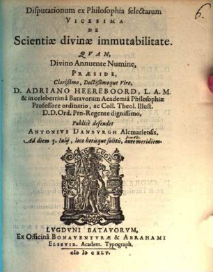Disputationum ex philosophia selectarum .... Vicesima, De scientiae divinae immutabilitate
