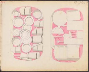 J. D. Oehme, Grünhainichen : Spielzeugmusterbuch, 82 Tafeln (rechtsseitig, Rückseiten ausnahmslos leer), die Tafelnummerierung (rot, oben links, teilweise abgeschnitten/nicht identifizierbar) und Seitenzählung (Bleistift, oben rechts) stimmt nicht durchgehend überein; handkolorierte Zeichnungen, teilweise mit Papier beklebt (bedruckte Zettel, aber auch Originalpapier, mit dem die abgebildeten Objekte beklebt wurden). Gesamtseiten: 184; davon Leerseiten und leere Rückseiten: 86