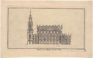 Die Katholische Hofkirche in Dresden, Längsschnitt von Nordwest nach Südost mit einem Maßstab in Ellen, Teil einer Reihe Dresdner und sächsischer Ansichten von Schlitterlau um 1770