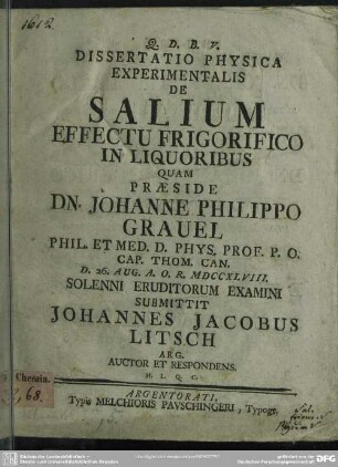Dissertatio Physica Experimentalis De Salium Effectu Frigorifico In Liquoribus