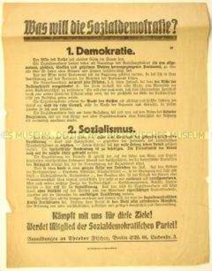 Programmatischer Beitrittsaufruf der Sozialdemokratischen Partei mit Ausführungen über deren Auffassung von Demokratie und Sozialismus