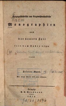 Kriegsgeschichtliche und kriegswissenschaftliche Monographien : aus der neuern Zeit seit dem Jahre 1792, 1819 = Bd. 3