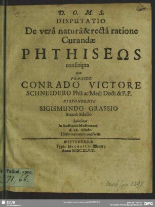 Disputatio De verâ naturâ & recta ratione Curandae Phthiseōs