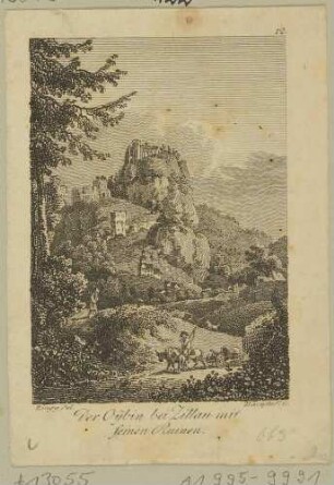 Der Berg Oybin im Zittauer Gebirge mit den Kloster- und Burgruinen und der Bergkirche im Dorf in der umgebenden Landschaft, aus Beckers Taschenbuch zum geselligen Vergnügen 1806