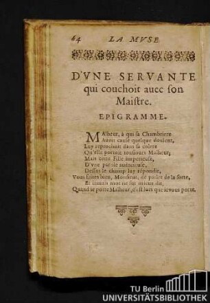 D'Vne Servante qui couchoit auec fon Maistre. Epigramme.