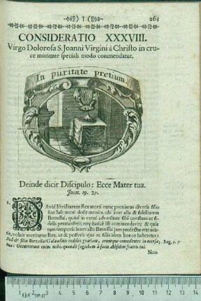 Consideratio XXXVIII. Virgo Dolorosa S. Joanni Virgini à Christo in cruce moriente speciali modo commendantur.