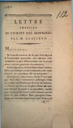 Lettre adressée au comité des monnsies