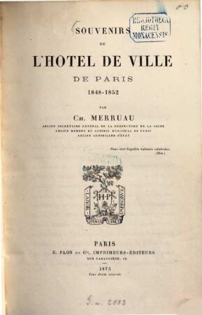 Souvenirs de l'Hôtel de ville de Paris : 1848 - 1852