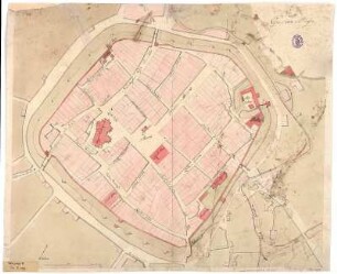 Stadtplan von Großenhain, Handzeichnung, um 1750 : Stadt Grossen-Hayn. - [S.l.] , [um 1750?]. - 1 Kt. : kolor. Handzeichng. ; Blattgr. 55 x 46 cm