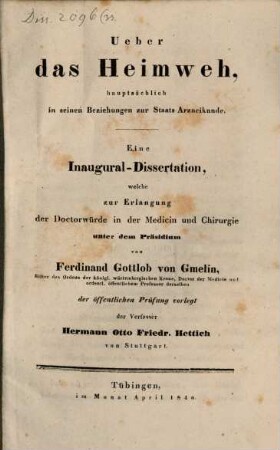Über das Heimweh, hauptsächlich in seinen Beziehungen zur Staats-Arzneikunde : eine Inaugural-Dissertation
