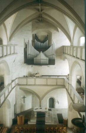 Torgau, Schloß Hartenfels. Schloßkapelle (1543-1544; N. Gromann). Inneres zur Orgel von Fa. Sauer (1932)
