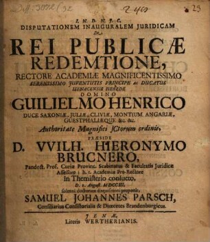Disputationem Inauguralem Juridicam De Rei Publicæ Redemtione