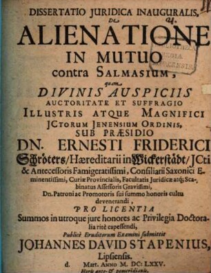 Diss. inaug. de alienatione in mutuo