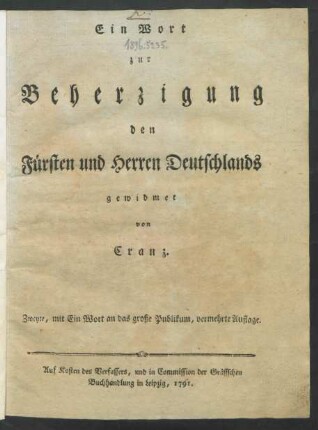 Ein Wort zur Beherzigung den Fürsten und Herren Deutschlands gewidmet