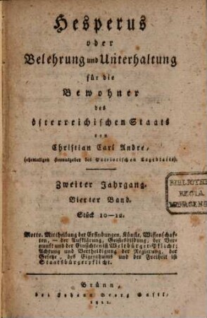 Hesperus oder Belehrung und Unterhaltung für die Bewohner des österreichischen Staats. 2,4. 1811