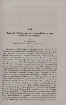 VIII. Ueber die Bedingungen der Integrabilität einiger Differential - Gleichungen.