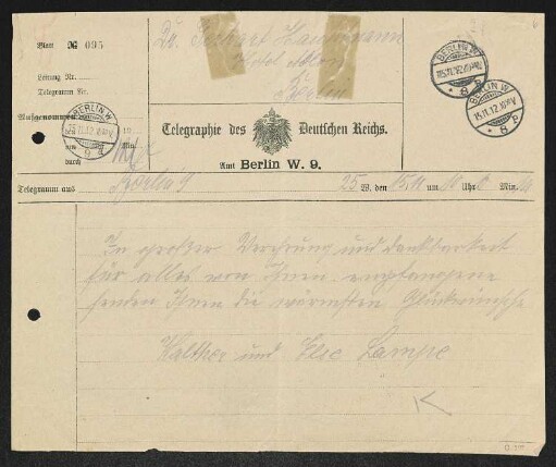 Brief von Walther Lampe und Else Lampe an Gerhart Hauptmann