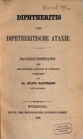 Diphtheritis und diphtheritische Ataxie