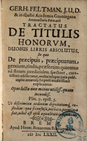 Tractatus de titulis honorum duobis libris absolutus