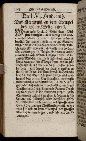 Die LVI. Hinderniß. Das Aergerniß an dem Exempel des grossen Welthauffens. - Die LX. Hinderniß. Die falsche Einbildung : Daß die Befleißigung des wahren Christenthums die Leute traurig und schwermüthig mache.