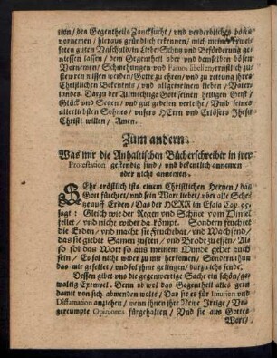 Zum andern. Was mir die Anhaltischen Bücherschreiber in irer Protestation gestendig sind/ und bekentlich annemen oder nicht annemen.