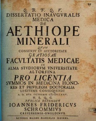Dissertatio Inavgvralis Medica De Aethiope Minerali