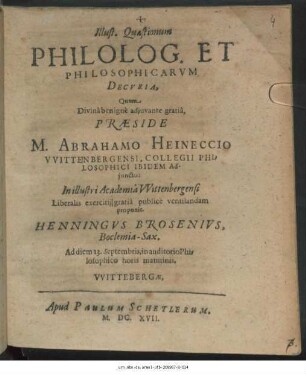 Illust. Quaestionum Philolog. Et Philosophicarum Decuria