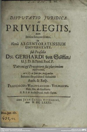 Dispvtatio Jvridica de Privilegiis