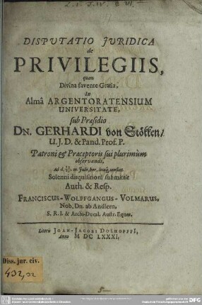 Dispvtatio Jvridica de Privilegiis