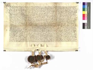 Graf Kraft von Hohenlohe bekennt gegenüber Graf Johann von Hohenlohe, daß er den Vertrag wegen der Hinterlassenschaft des Grafen Albrecht von Hohenlohe halten werde; Siegel Graf Kraft von Hohenlohe, Heinrich von Ellrichshausen, Peter von Finsterlohr.