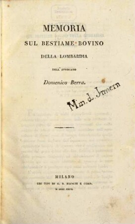 Memoria sul bestiame bovino della Lombardia