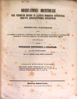 Observationes obstetriciae per tredecim menses in clinico Bonnensi institutae adiectis adnotationibus epicriticis